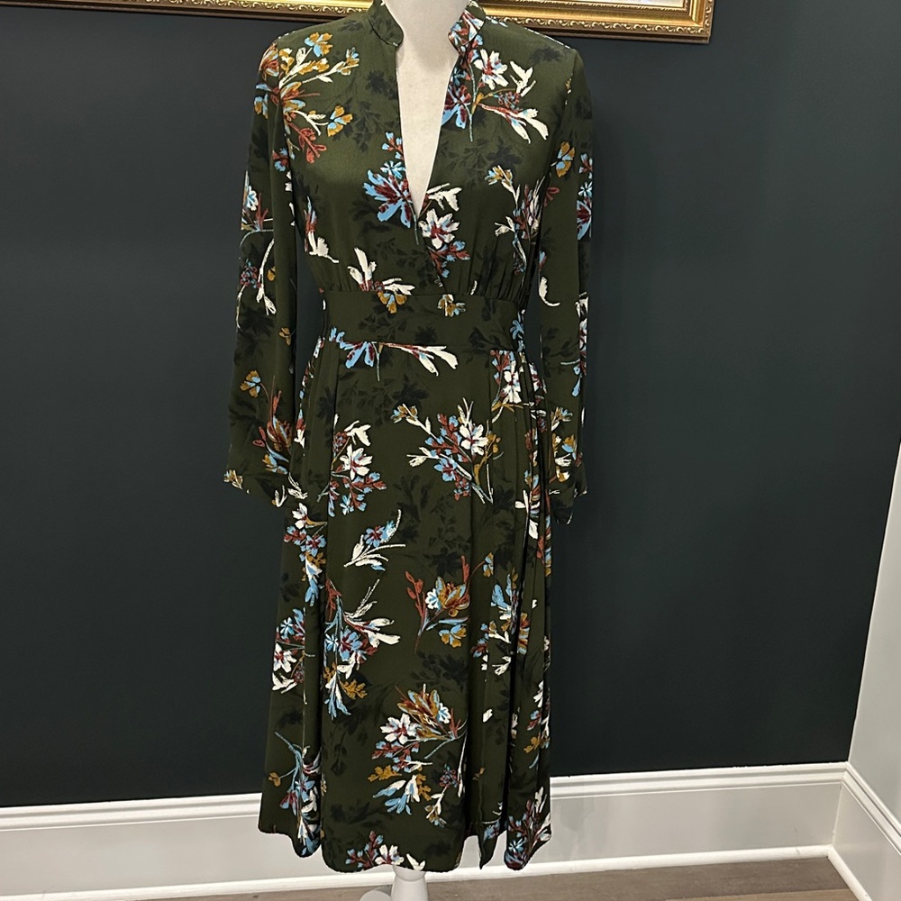 Zara Basic Olive Floral Midi Dress With Two Front Slits